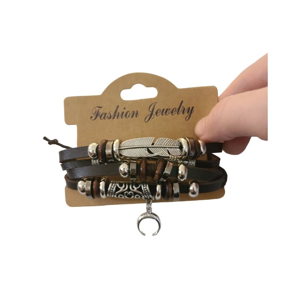 Brown PU Leather Silver Feather Adjustable Bracelet Set